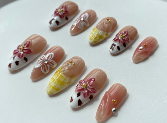 Almond Press-On Nails for Women - Reusable Finger Nail Tips with Floral Design, Glossy Finish, Medium Length, Mixed Colors, Artificial Nail Set|Floral Pattern|Reusable Nail