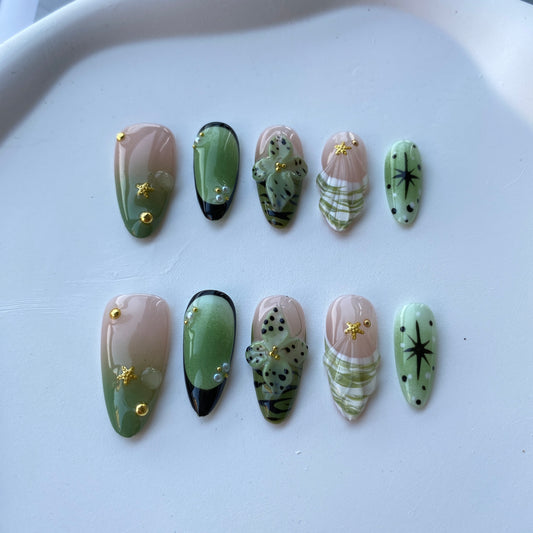 F06—Handmade Almond 3D Sculpted Wearable Nails