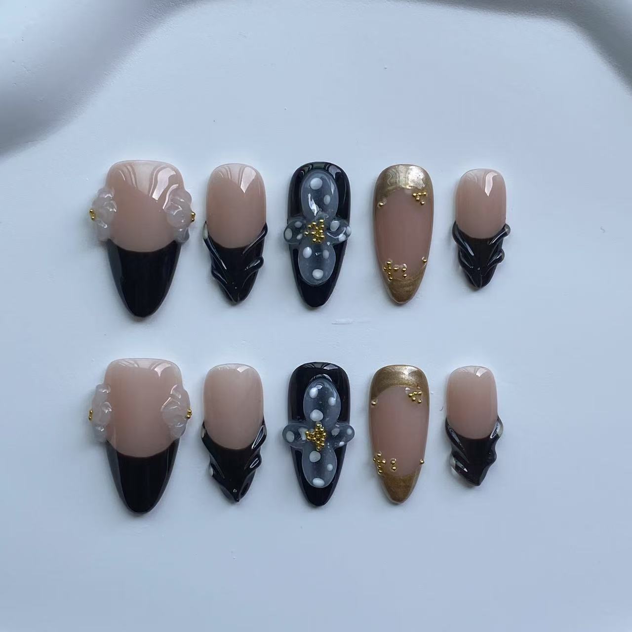 B01—Handmade Almond 3D Sculpted French Wearable Nails