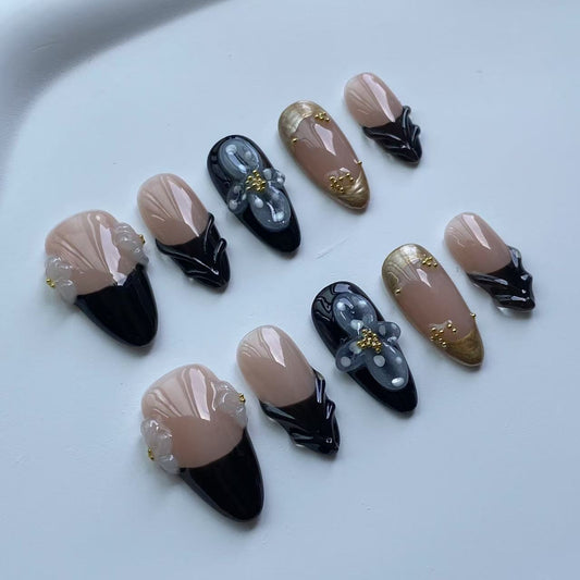 B01—Handmade Almond 3D Sculpted French Wearable Nails