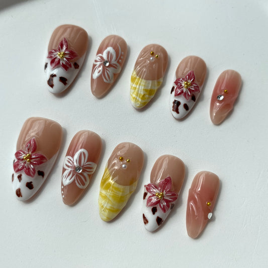 Almond Press-On Nails for Women - Reusable Finger Nail Tips with Floral Design, Glossy Finish, Medium Length, Mixed Colors, Artificial Nail Set|Floral Pattern|Reusable Nail